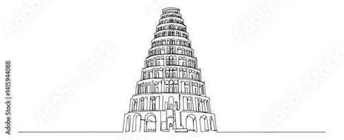 Tower of Babel rising high into the sky with spiralling levels