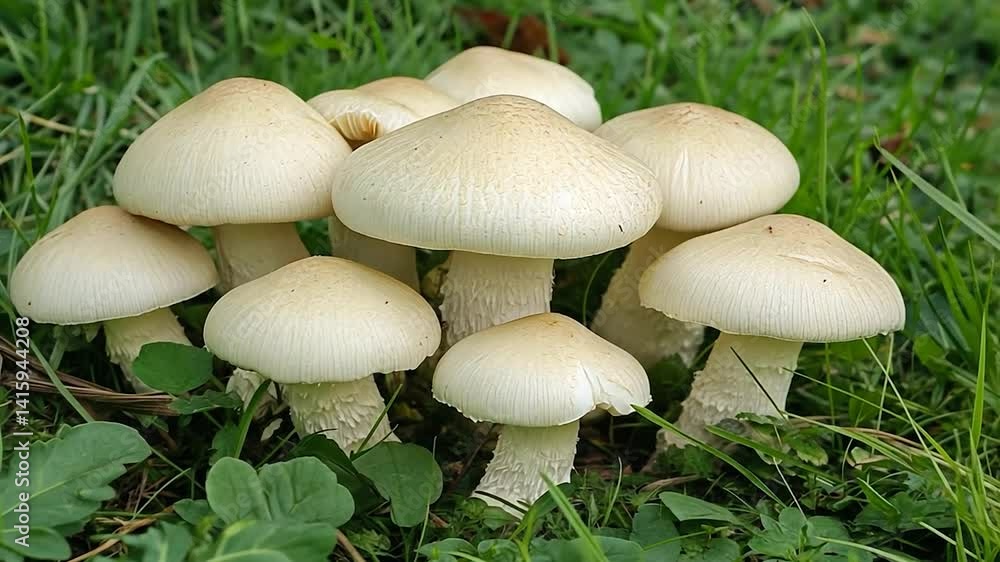 Cluster of mushrooms in grassy field Cluster of mushrooms in grassy field