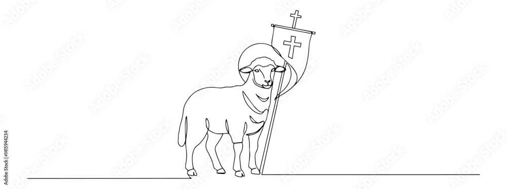 Fototapeta premium Continuous single line illustration of Agnus Dei – haloed Lamb of God carrying victory banner
