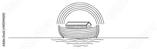 simple vector of noah’s ark and rainbow, religious biblical scene in clean line drawing style
