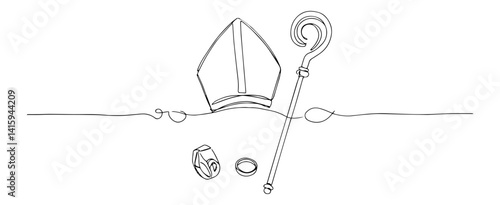 Continuous single line illustration of a bishop’s mitre, crozier and episcopal ring