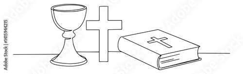 Single line art of chalice, Latin cross and Holy Bible – core Christian symbols together