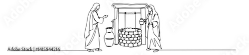 Single line illustration of Jesus speaking with the Samaritan woman at Jacob’s well