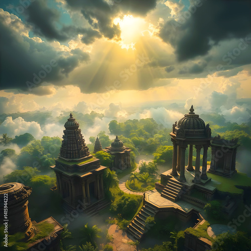Ruins of temples of ancient gods, in the middle of tropical forest, under stormy sky with glimmers of sunlight.
