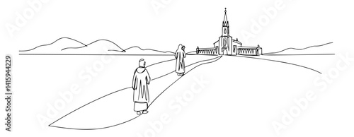 One line art of a pilgrim walking a winding road toward a distant mountain basilica