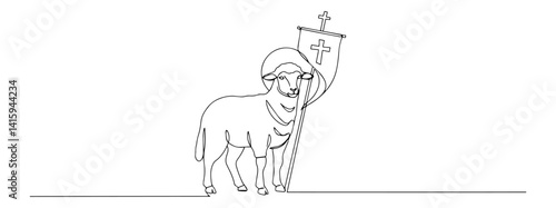 Continuous single line illustration of Agnus Dei – haloed Lamb of God carrying victory banner