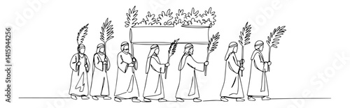 Single line art of biblical funeral procession carrying a flower‑adorned coffin
