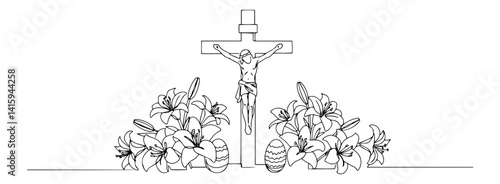 jesus on the cross with lilies and easter eggs, symbolic vector sketch for easter and faith