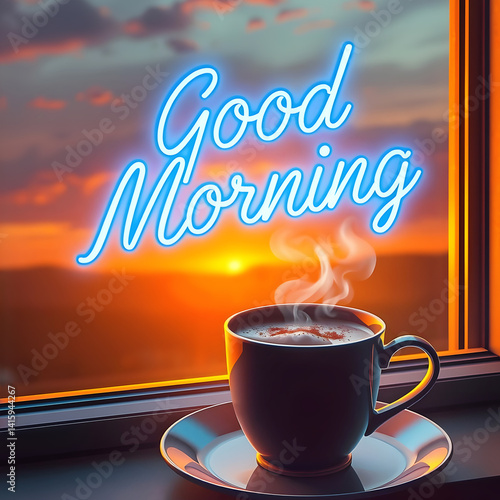 A cup of hot coffee on the windowsill and the inscription Good Morning, against the backdrop of  sunrise