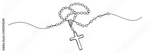 rosary with cross drawn in flowing line style, religious black and white vector illustration