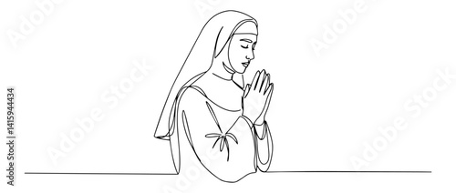 vector of a praying nun in black and white, peaceful spiritual moment in simple line style