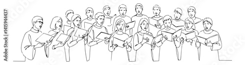minimalist line drawing of choir singing hymns, religious and musical vector