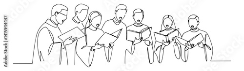 Minimal one line drawing of a mixed church choir singing hymns from songbooks