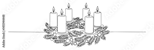 Continuous line Advent wreath with four glowing candles nestled in pine branches and holly