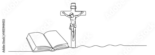 Single line illustration of a crucifix beside an open Holy Bible on a simple altar
