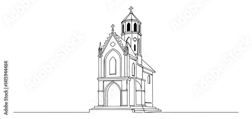 Continuous single line drawing of a Gothic cathedral facade with soaring steeple and pointed arches