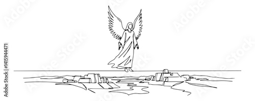Single line drawing of a guardian angel hovering protectively above a modern city skyline