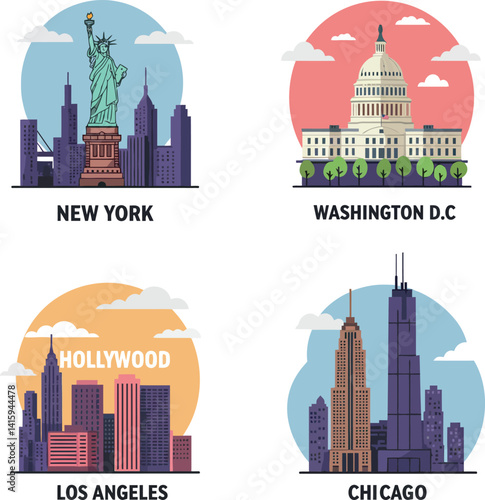 Iconic American city landmarks flat design featuring Statue of Liberty New York Capitol Washington Los Angeles Hollywood Chicago skyline vector illustration