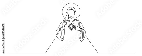 Minimal continuous line illustration of the Sacred Heart of Jesus – flaming heart of love and compassion