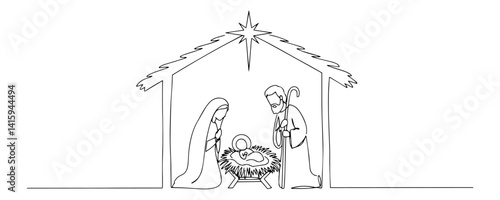 One‑line illustration of the Holy Family in a humble stable – baby Jesus in a manger beneath a shining star