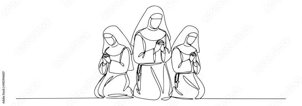 Fototapeta premium black and white vector of three praying nuns in continuous line style, simple religious illustration