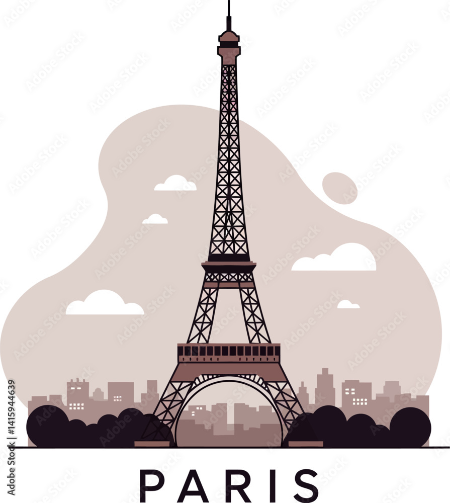 Obraz premium Eiffel Tower landmark with cityscape silhouette in minimal muted colors flat design vector illustration