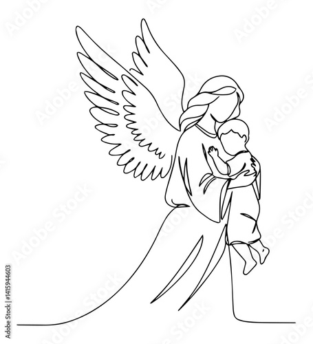 black and white vector of angel holding a child with care, minimalist religious line drawing
