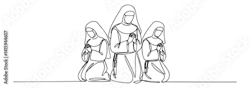 black and white vector of three praying nuns in continuous line style, simple religious illustration