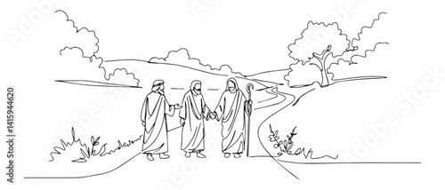 Jesus walking with disciples in landscape — monoline vector