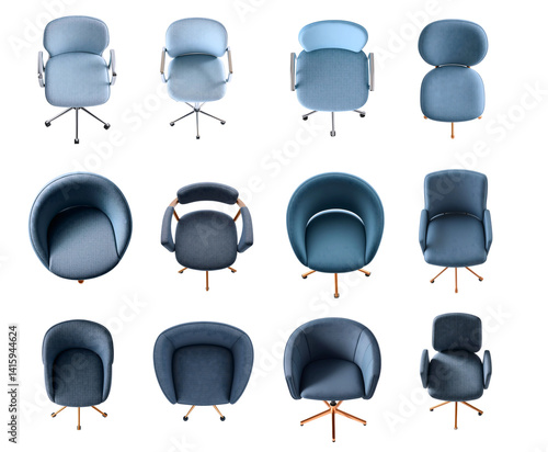 Set Highly detailed top view of colorful elegant designer office chair with copper, gold or champagne frame and expensive grey blue and light blue fabric upholstery, for design floor