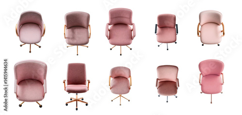 Set Highly detailed top view of colorful elegant designer office chair with copper, gold or champagne frame and expensive dust pink and coral fabric upholstery, for design floor