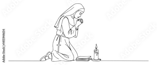 Kneeling prayer woman with candle — monoline vector