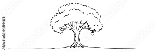 black and white vector of a tree with hanging apple, symbolic biblical reference to the garden of eden