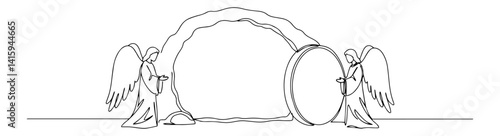 vector of open tomb with two angels, symbolizing resurrection of christ, in black and white line style