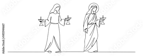 vector of two women with oil lamps, symbolic biblical parable in black and white line art style