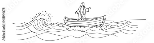black and white vector of jesus standing in a boat on stormy sea, biblical miracle in line art style