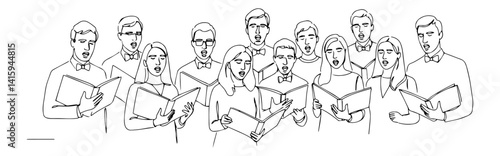 line art vector of choir singing together, black and white illustration of people performing music