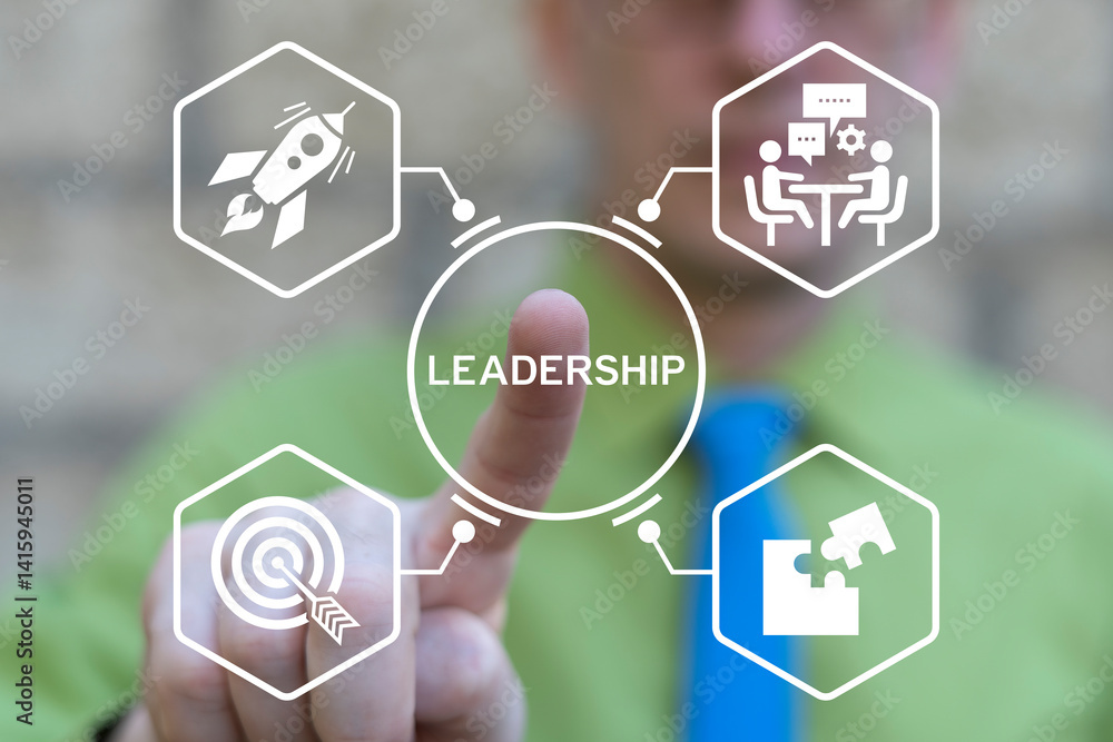 Business person using virtual touch screen presses word: LEADERSHIP. Project Leadership Personnel Management Business Financial concept.