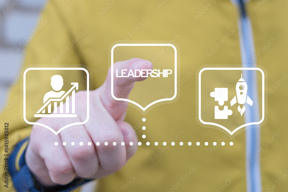 Person using virtual touch screen presses text: LEADERSHIP. Project Leadership Personnel Management Business Financial concept.