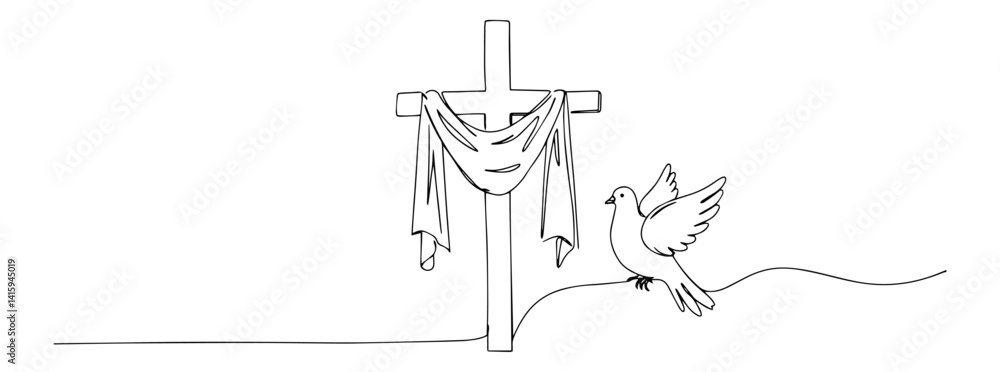 Naklejka premium minimalist christian vector with cross, dove and cloth in simple line art style, faith and peace theme