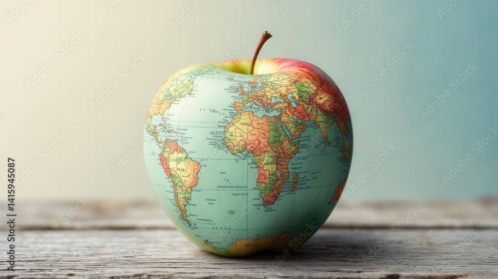 Creative concept of a globe map printed on an apple symbolizing global sustainability, environmental awareness, and world unity