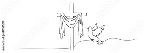 minimalist christian vector with cross, dove and cloth in simple line art style, faith and peace theme