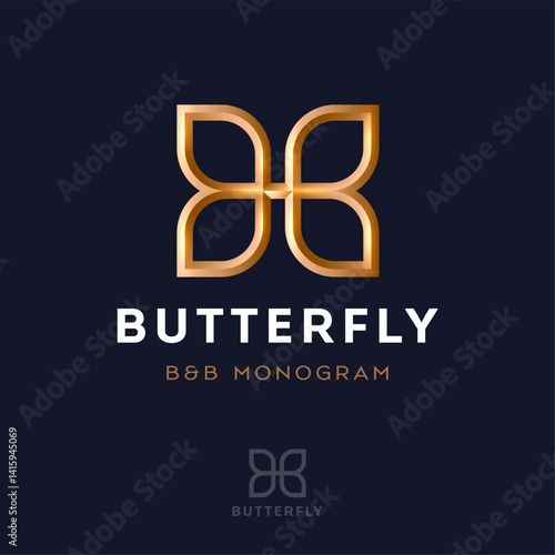 Gold metallic butterfly. B and B monogram consist of linked double letters. Cosmetics or clothes icon. 