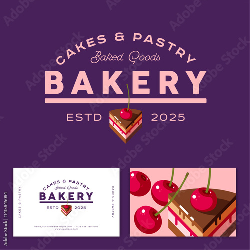 Cake and pastry Bakery emblem. Baking and sweets. A piece of  cake with biscuit, cream, chocolate, syrup and cherry.
