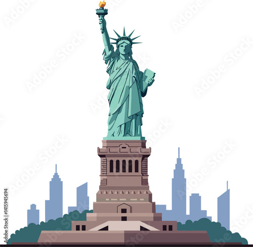 Wallpaper Mural Statue of Liberty standing tall in detailed flat design with city skyline background vector illustration Torontodigital.ca