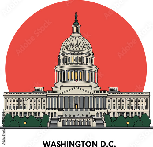United States Capitol building detailed vector illustration with red sun background and evening lights