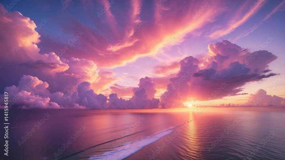 Aerial view of sunset sky showcasing nature's beauty with vibrant colors, dramatic clouds, and ocean waves during sunset or sunrise over the sea Aerial view of sunset sky showcasing nature's beauty with vibrant colors, dramatic clouds, and ocean waves during sunset or sunrise over the sea