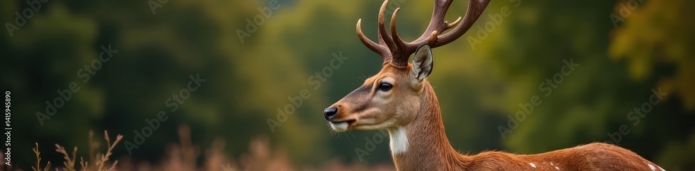 Naklejka premium Close-up profile of white-tailed deer with sharp antlers, outdoor, deer