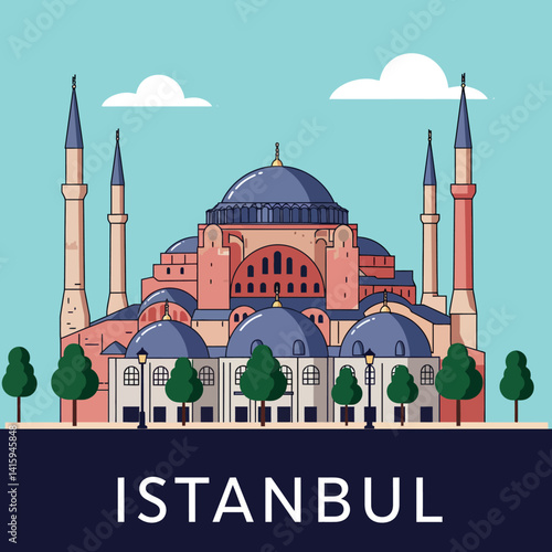Istanbul historic Hagia Sophia architecture flat design with domes and minarets vector illustration