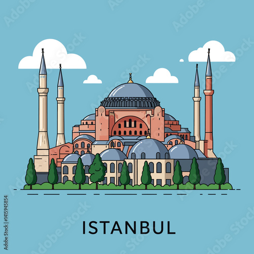 Historic Hagia Sophia architecture with domes and minarets in flat design vector illustration